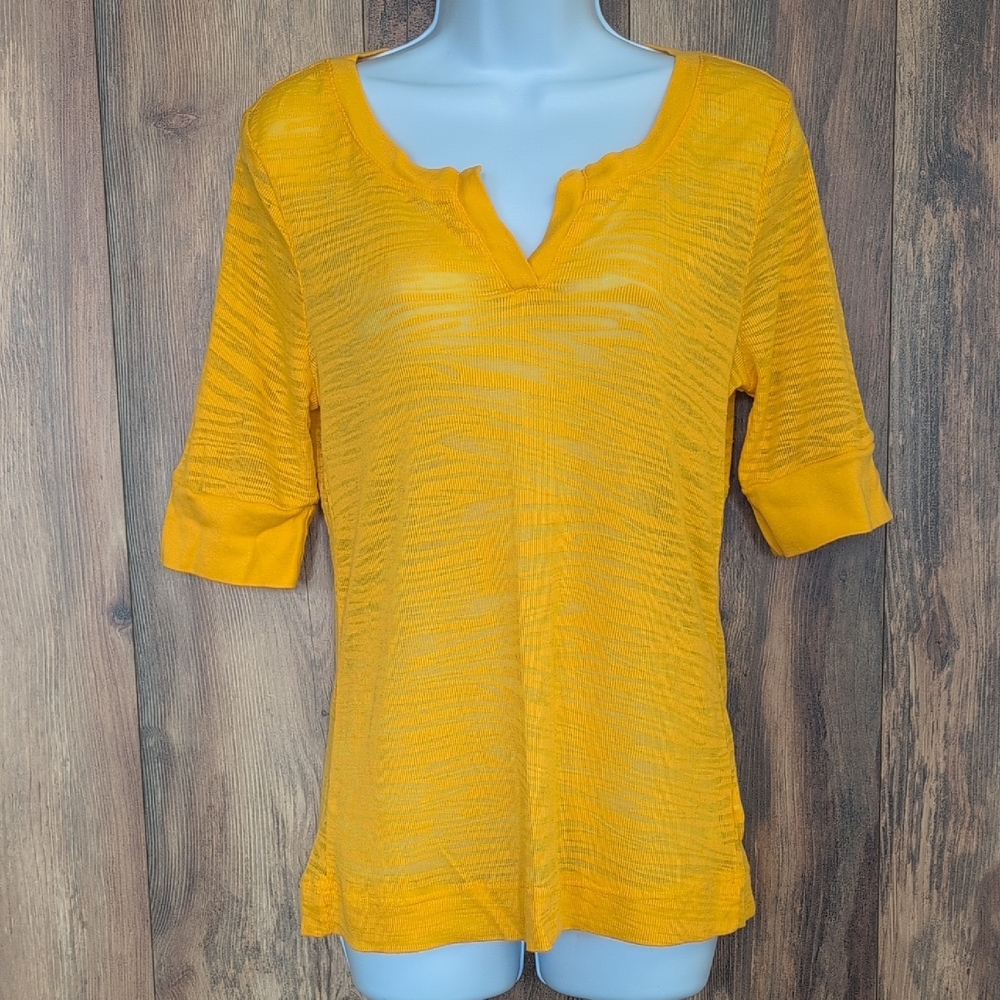 LEI Women's Mustard Sheer Animal Print Fitted Top XXL                   V236